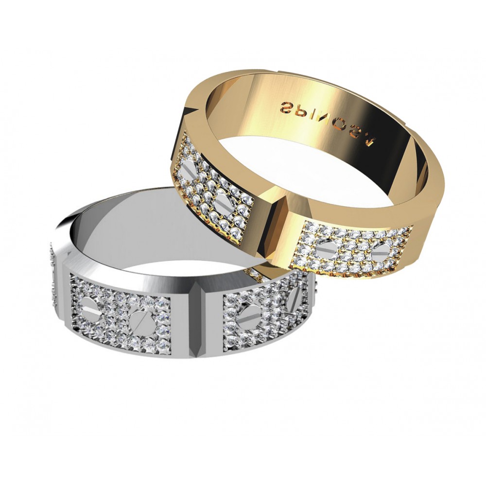 Обручальные кольца со звеньями цепочки, бриллиантами и декоративными болтиками
