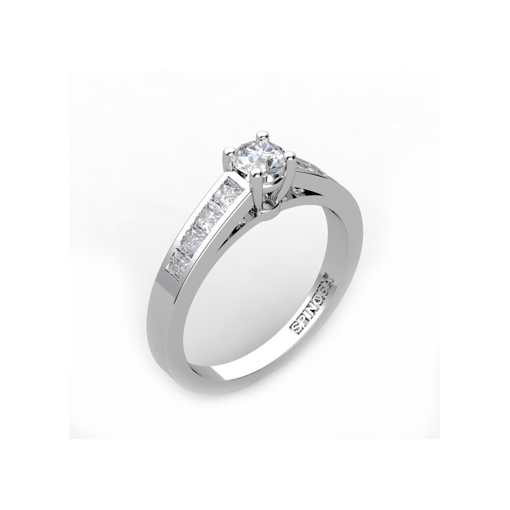 18k solitaire white gold engagement ring with a brilliant cut central diamond princess cut diamonds on the both sides