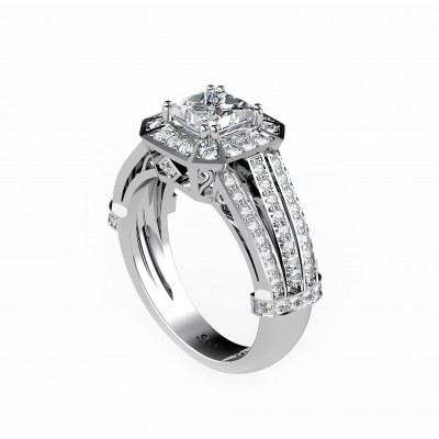 White gold 18K engagement ring with a princess cut central diamond