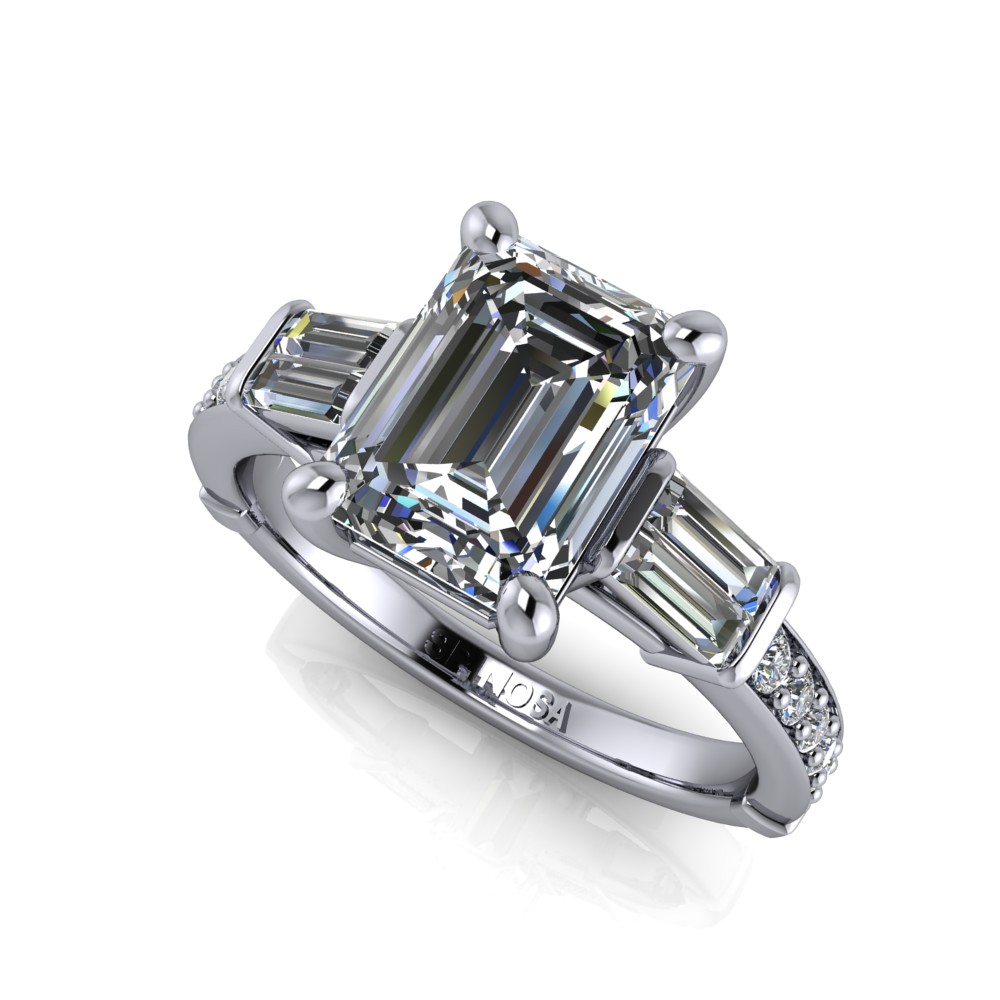 Emerald Diamond Ring with Baguette and Brilliant cut Diamonds