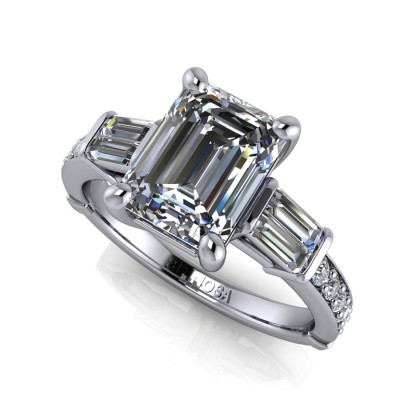Emerald Diamond Ring with Baguette and Brilliant cut Diamonds