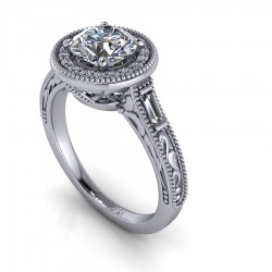 Vintage Solitaire ring with Round cut and Baguette Diamonds