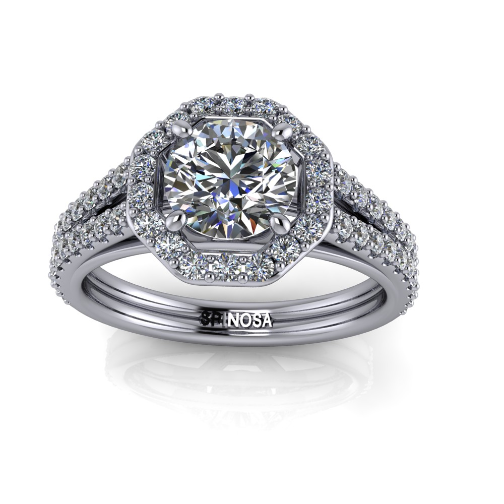 Brilliant Solitaire with Octagonal Halo and Double Arm