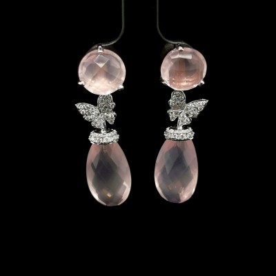 BUTTERFLY EARRINGS WITH DIAMONDS AND ROSE QUARTZ