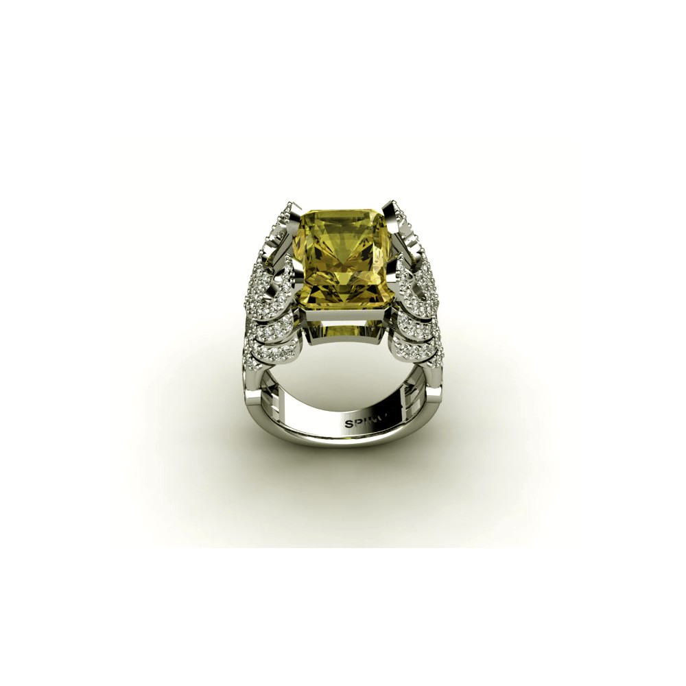 Золотое кольцо в авангардном стиле с бриллиантами и лимонным кварцем