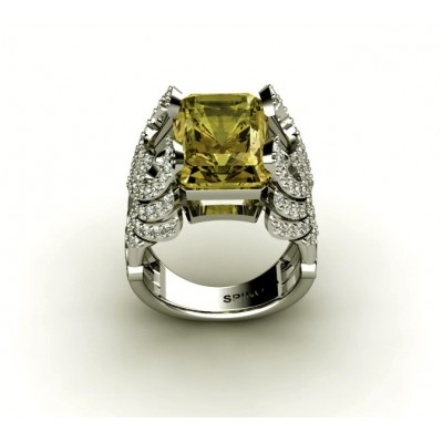 Золотое кольцо в авангардном стиле с бриллиантами и лимонным кварцем