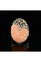 WHITE GOLD RING WITH CORAL & DIAMONDS