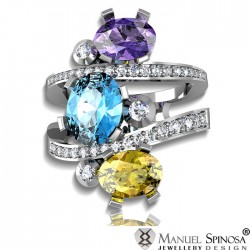 anillo de oro blanco con amatista, topacio, citrino y diamantes