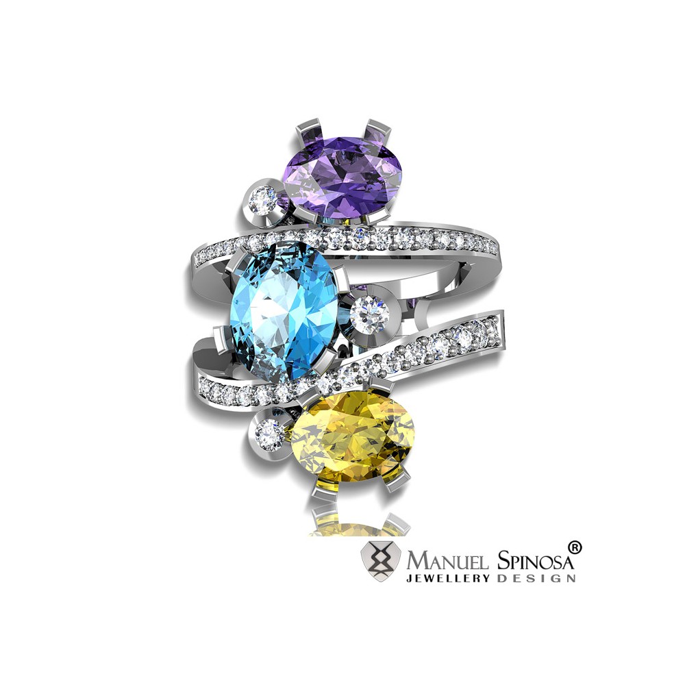 diamond ring with 3 precious gemstones