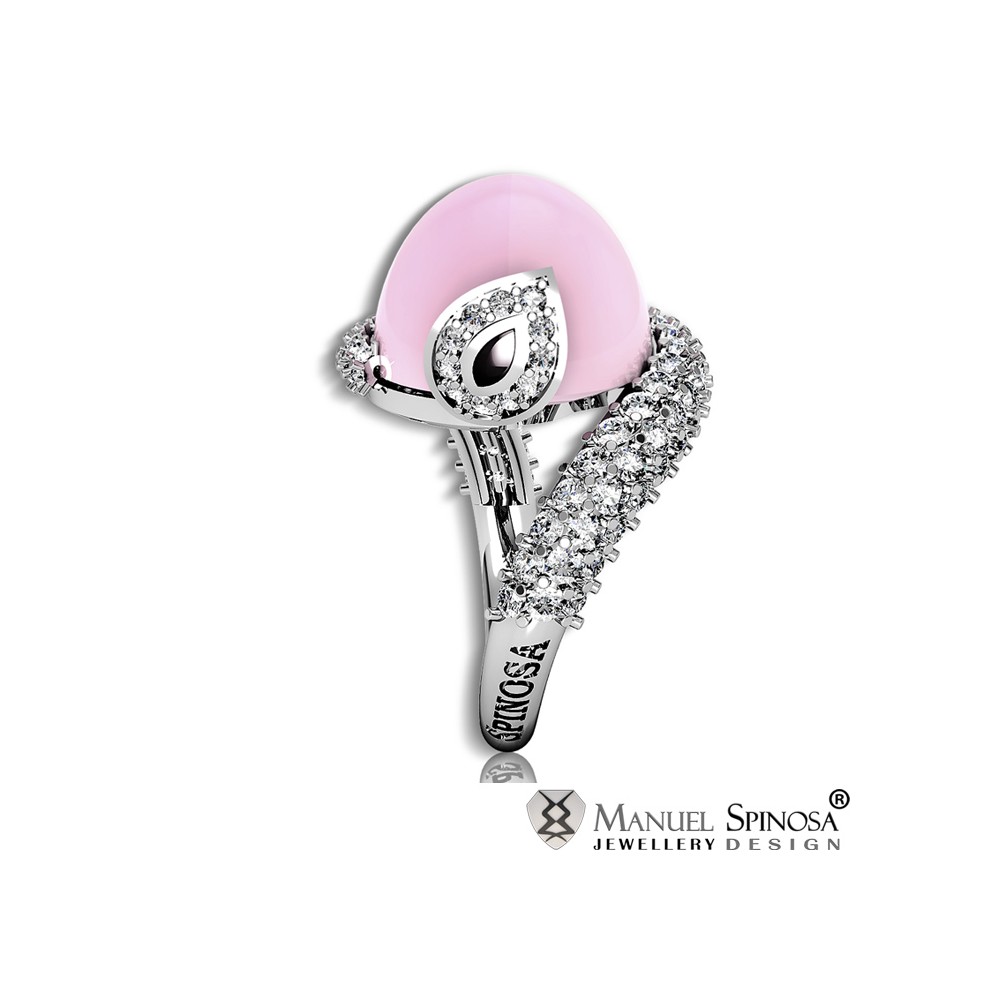 anillo de oro blanco con cuarzo rosa y diamantes